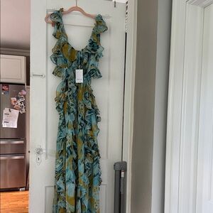 Misa Los Angeles Ruffled Maxi Dress in Blue and Yellow